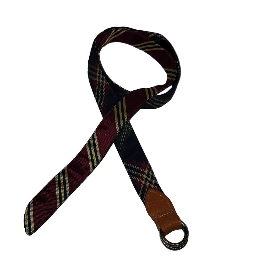 Brooks Brothers Plaid D-Ring Belt Maroon Navy Gold Tan Leather Fabric USA